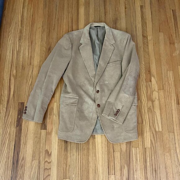 1970s men's vintage tan corduroy blazer with suede elbow patches 44R
